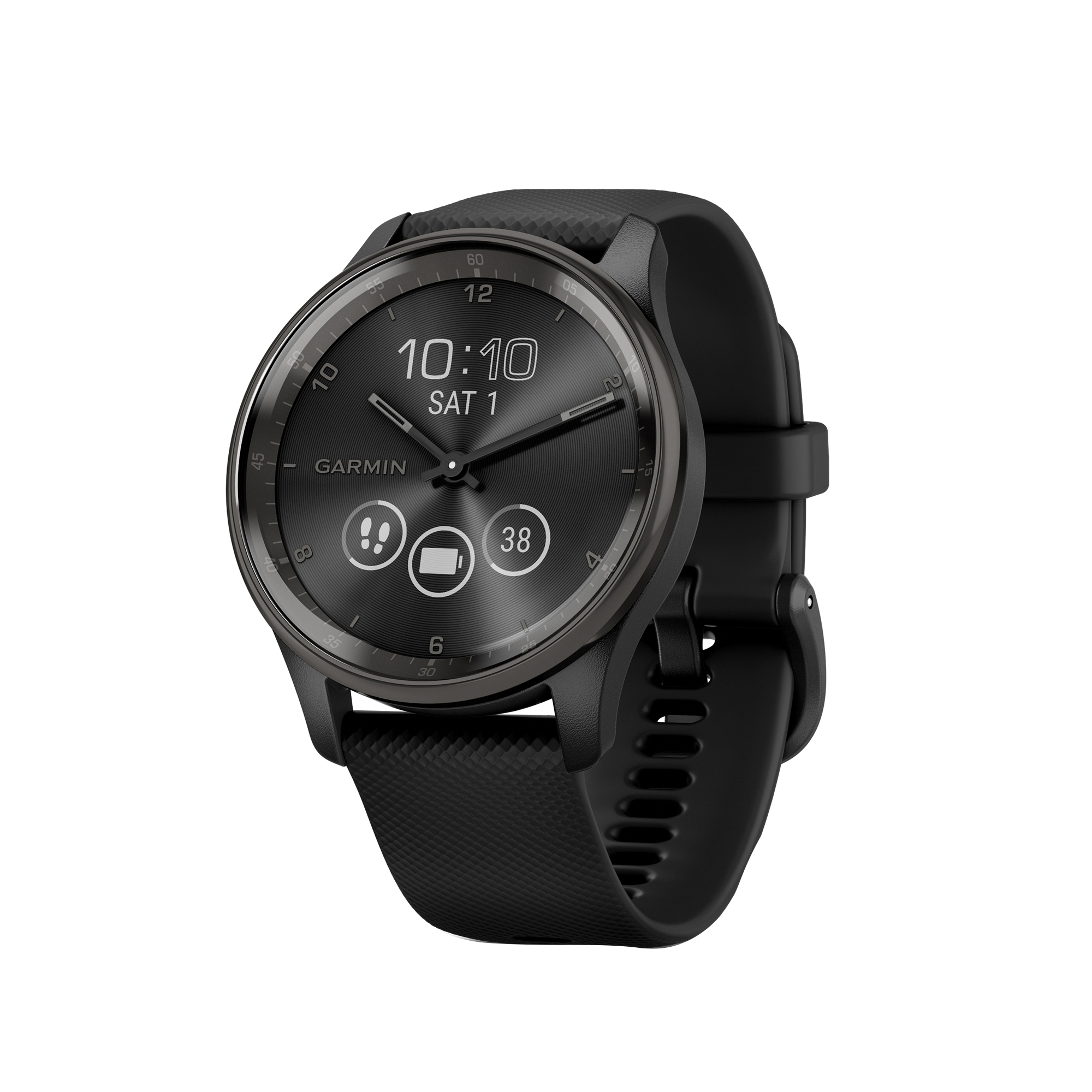 Garmin Vivomove Trend Hybrid Smartwatch — 40mm, Slate Stainless Steel Bezel, Black Case, Silicone Band, Model# 010-02665-00